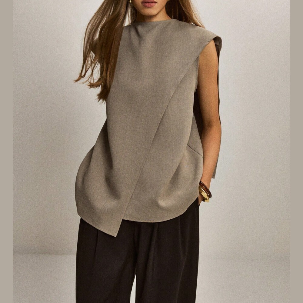 Taupe Asymmetric Draped Sleeveless Tunic Vest